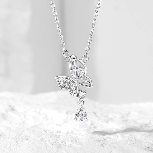 Casual Modern Style Commute Water Droplets Butterfly Sterling Silver Polishing Plating Inlay Zircon Pendant Necklace