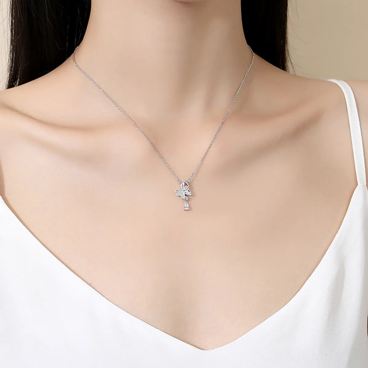 Casual Modern Style Commute Water Droplets Butterfly Sterling Silver Polishing Plating Inlay Zircon Pendant Necklace