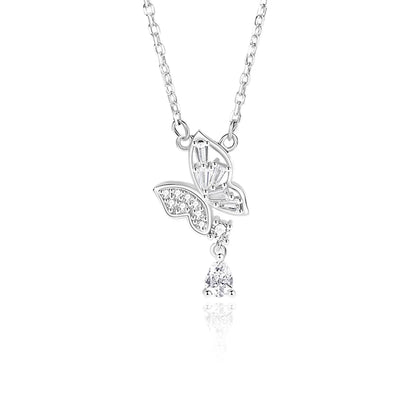 Casual Modern Style Commute Water Droplets Butterfly Sterling Silver Polishing Plating Inlay Zircon Pendant Necklace