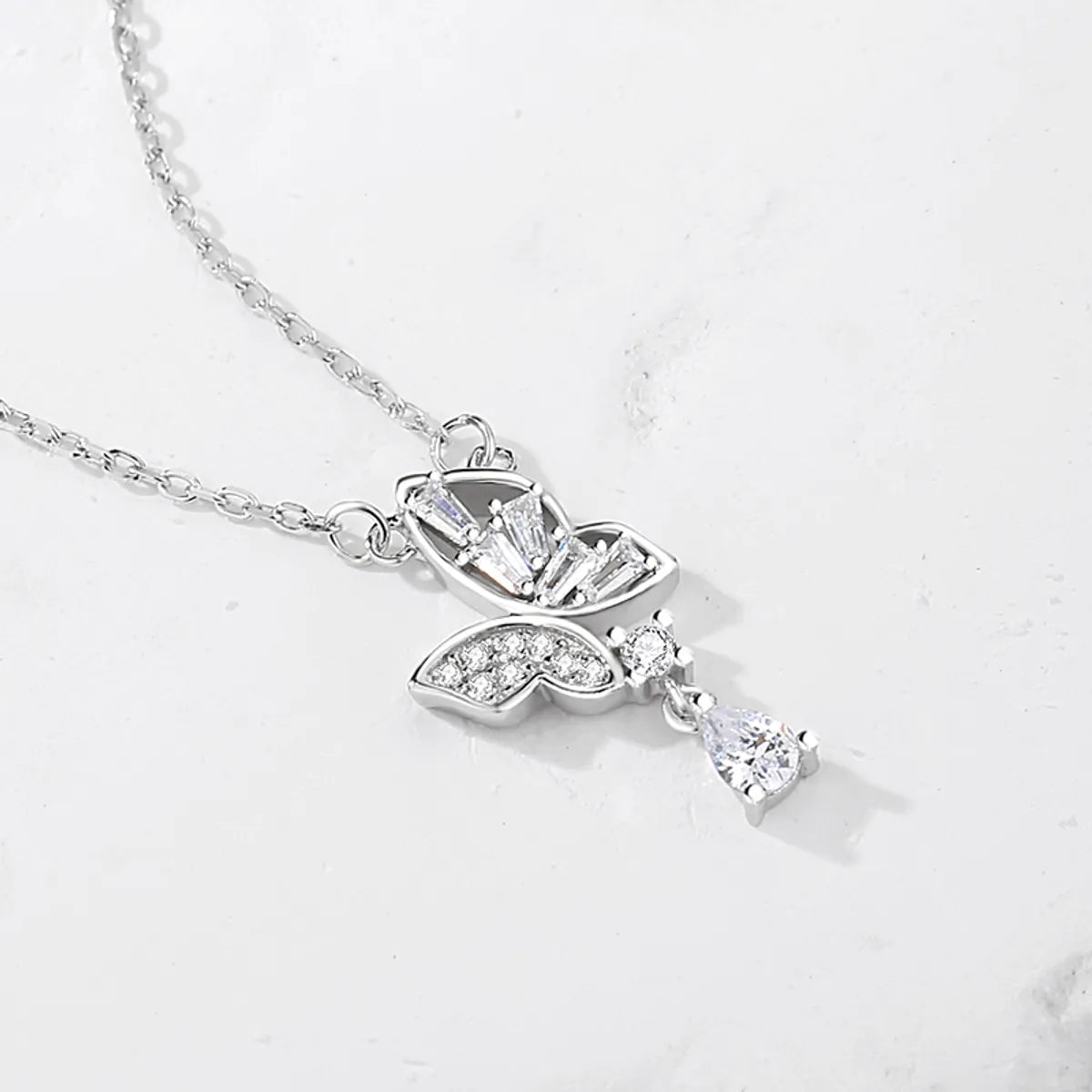 Casual Modern Style Commute Water Droplets Butterfly Sterling Silver Polishing Plating Inlay Zircon Pendant Necklace