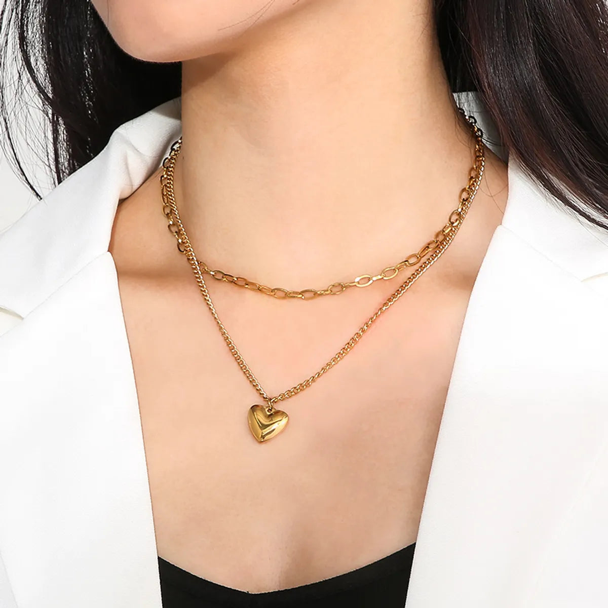 Casual Modern Style Heart Shape Stainless Steel Titanium Steel Plating 18k Gold Plated Layered Necklaces