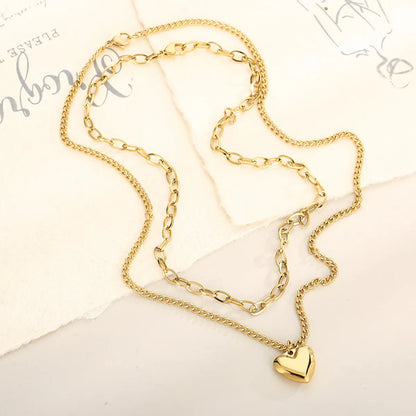 Casual Modern Style Heart Shape Stainless Steel Titanium Steel Plating 18k Gold Plated Layered Necklaces