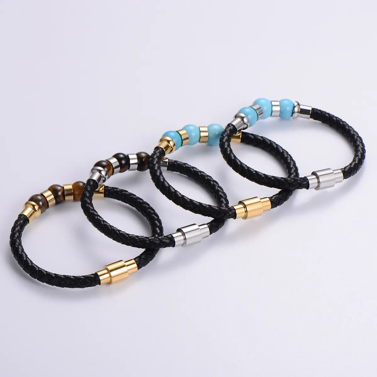 Casual Multicolor Stainless Steel Pu Leather Natural Stone Beaded Plating Braid 24k Gold Plated Wristband Bracelets