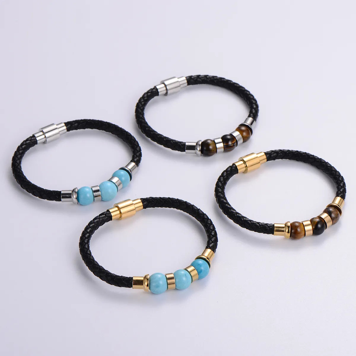 Casual Multicolor Stainless Steel Pu Leather Natural Stone Beaded Plating Braid 24k Gold Plated Wristband Bracelets