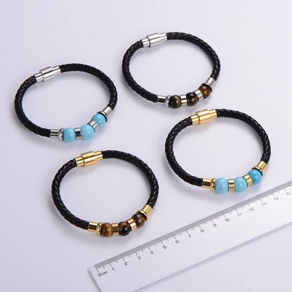 Casual Multicolor Stainless Steel Pu Leather Natural Stone Beaded Plating Braid 24k Gold Plated Wristband Bracelets