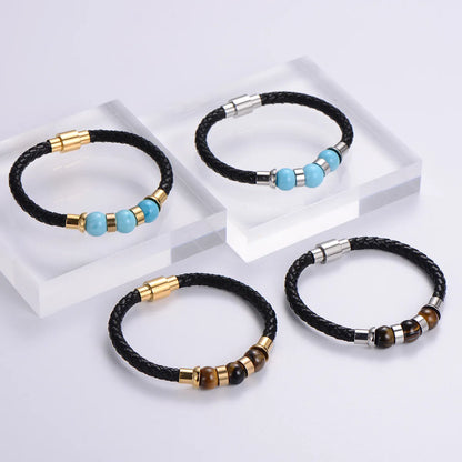 Casual Multicolor Stainless Steel Pu Leather Natural Stone Beaded Plating Braid 24k Gold Plated Wristband Bracelets