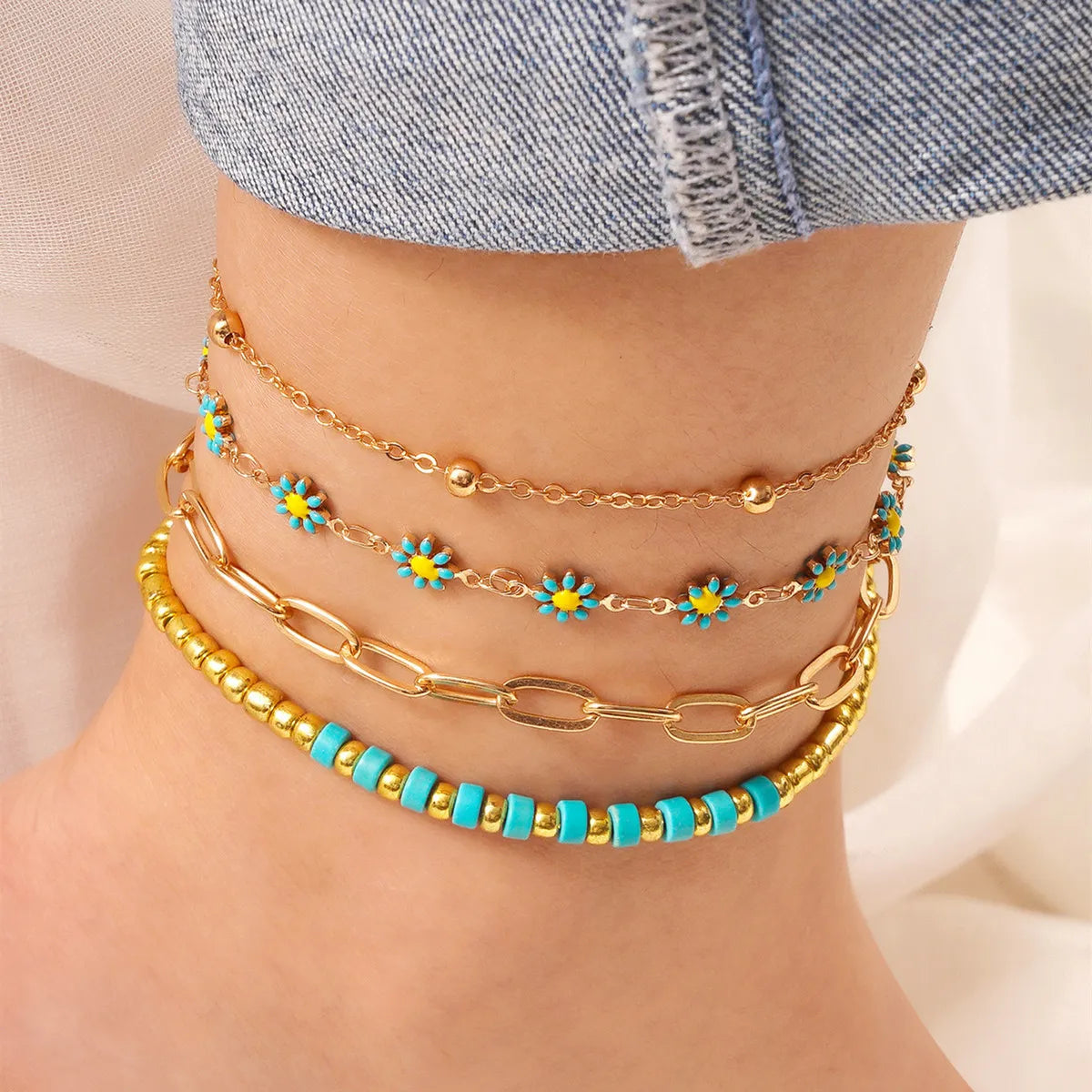 Casual Pastoral Flower Alloy Star Enamel Women'S Bracelets Anklet