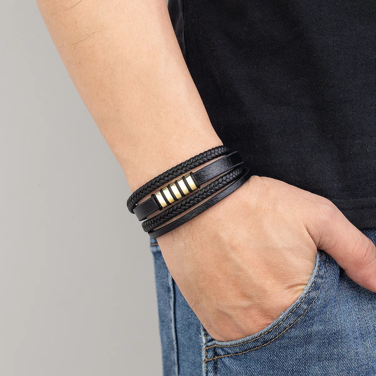 Casual Punk Geometric Stainless Steel Pu Leather Layered Metal Button Unisex Bracelets