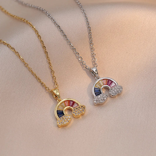 Wholesale Jewelry Casual Rainbow Titanium Steel Zircon Plating Inlay Pendant Necklace