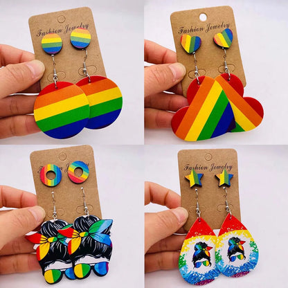 Casual Rainbow Water Droplets Heart Shape Wood Women's Drop Earrings