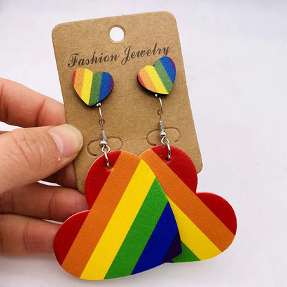 Casual Rainbow Water Droplets Heart Shape Wood Women's Drop Earrings