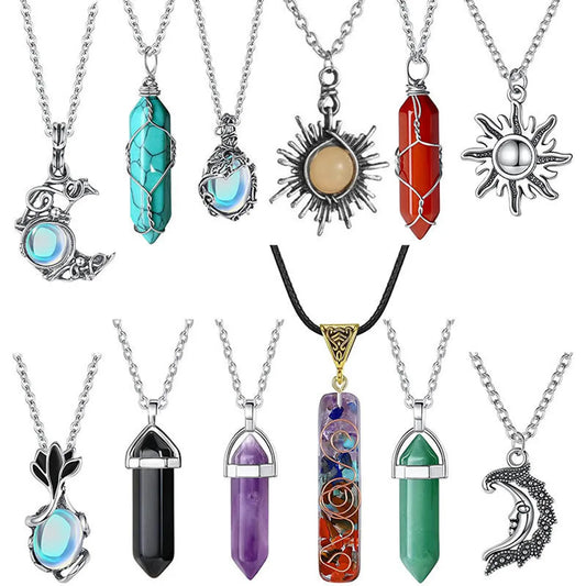 Casual Retro Ethnic Style Geometric Sun Moon Natural Stone Crystal Iron Wholesale Pendant Necklace