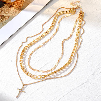 Casual Retro Geometric Cross Alloy Plating Inlay Zircon Women's Three Layer Necklace