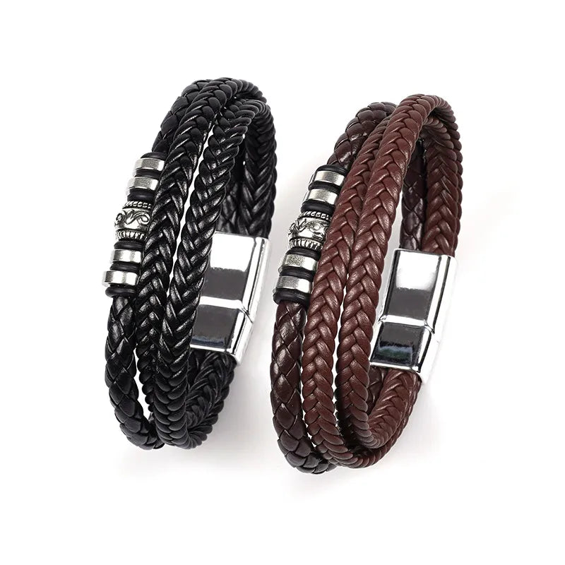 Casual Retro Geometric Pu Leather Rubber Metal Layered Men'S Bracelets