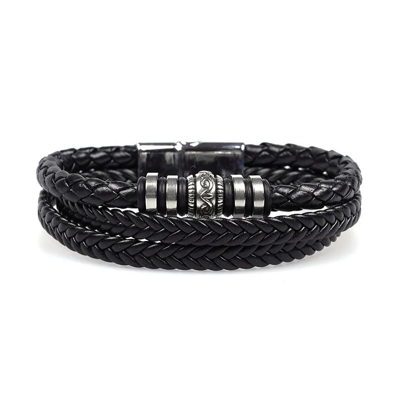 Casual Retro Geometric Pu Leather Rubber Metal Layered Men'S Bracelets