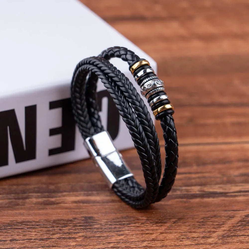 Casual Retro Geometric Pu Leather Rubber Metal Layered Men'S Bracelets