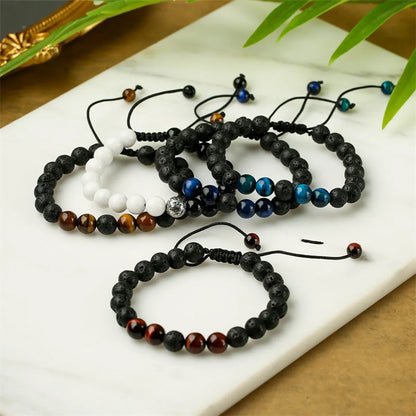 Casual Retro Round Beaded Volcanic Rock Tiger Eye Bracelets