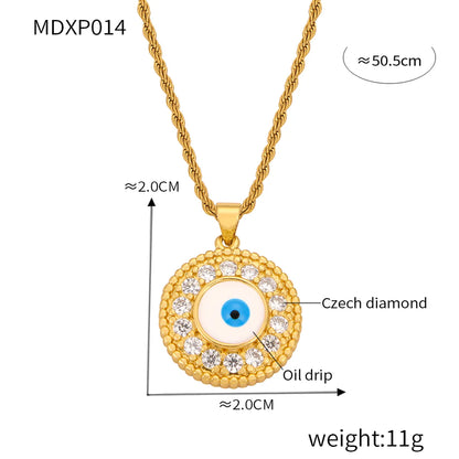 Casual Retro Round Heart Shape Eye 18K Gold Plated Rhinestones Shell Titanium Steel Wholesale Pendant Necklace