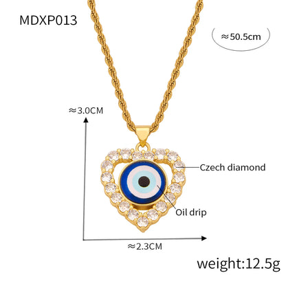 Casual Retro Round Heart Shape Eye 18K Gold Plated Rhinestones Shell Titanium Steel Wholesale Pendant Necklace