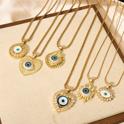 Casual Retro Round Heart Shape Eye 18K Gold Plated Rhinestones Shell Titanium Steel Wholesale Pendant Necklace