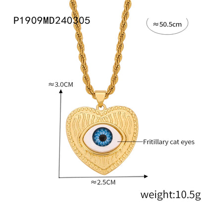 Casual Retro Round Heart Shape Eye 18K Gold Plated Rhinestones Shell Titanium Steel Wholesale Pendant Necklace