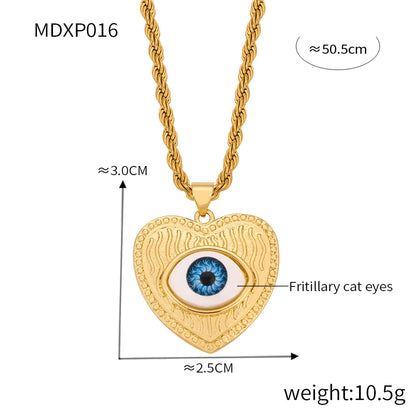 Casual Retro Round Heart Shape Eye 18K Gold Plated Rhinestones Shell Titanium Steel Wholesale Pendant Necklace