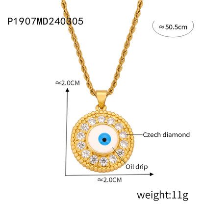 Casual Retro Round Heart Shape Eye 18K Gold Plated Rhinestones Shell Titanium Steel Wholesale Pendant Necklace