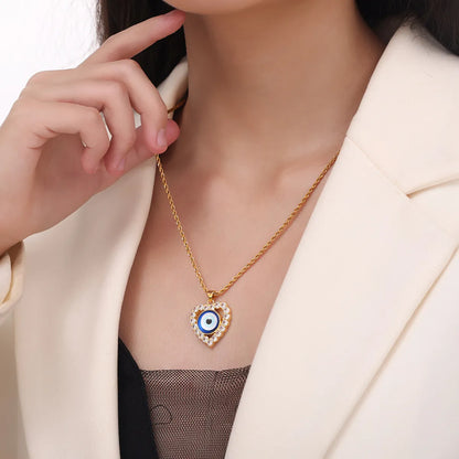 Casual Retro Round Heart Shape Eye 18K Gold Plated Rhinestones Shell Titanium Steel Wholesale Pendant Necklace