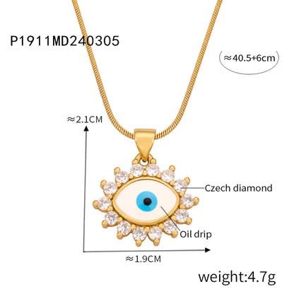 Casual Retro Round Heart Shape Eye 18K Gold Plated Rhinestones Shell Titanium Steel Wholesale Pendant Necklace