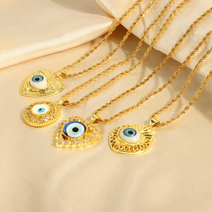 Casual Retro Round Heart Shape Eye 18K Gold Plated Rhinestones Shell Titanium Steel Wholesale Pendant Necklace