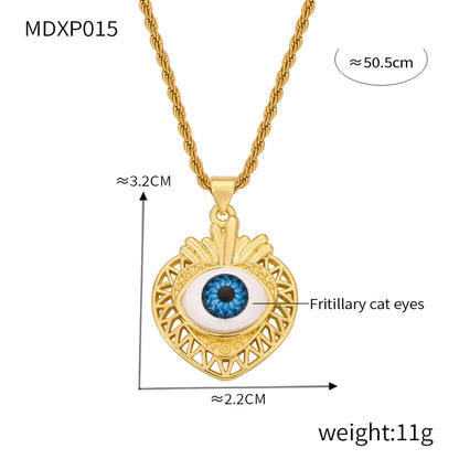 Casual Retro Round Heart Shape Eye 18K Gold Plated Rhinestones Shell Titanium Steel Wholesale Pendant Necklace