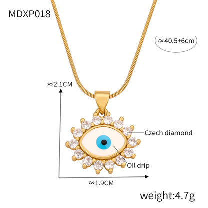 Casual Retro Round Heart Shape Eye 18K Gold Plated Rhinestones Shell Titanium Steel Wholesale Pendant Necklace