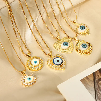 Casual Retro Round Heart Shape Eye 18K Gold Plated Rhinestones Shell Titanium Steel Wholesale Pendant Necklace