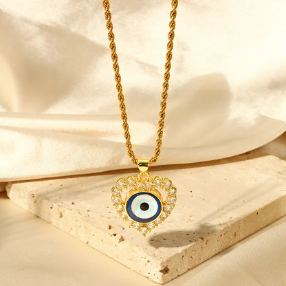 Casual Retro Round Heart Shape Eye 18K Gold Plated Rhinestones Shell Titanium Steel Wholesale Pendant Necklace