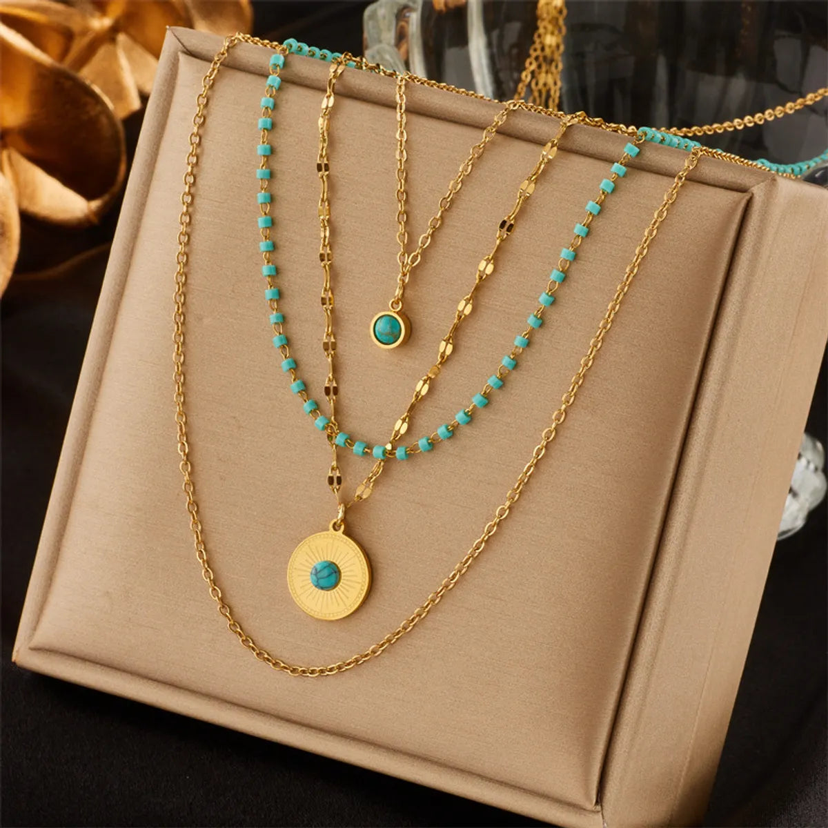 Wholesale Jewelry Casual Retro Round 304 Stainless Steel Resin 18K Gold Plated Beaded Plating Inlay Layered Necklaces