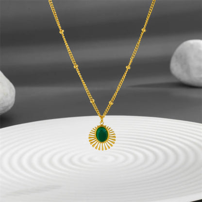 Casual Retro Round Titanium Steel Plating Inlay Malachite 18k Gold Plated Pendant Necklace