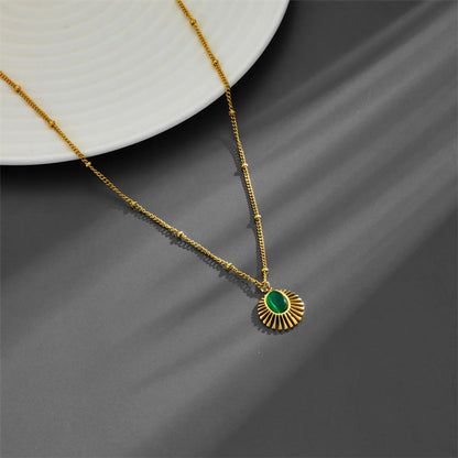 Casual Retro Round Titanium Steel Plating Inlay Malachite 18k Gold Plated Pendant Necklace