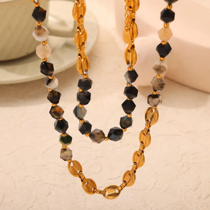 Casual Retro Simple Style Geometric Natural Stone Titanium Steel Beaded 18K Gold Plated Unisex Bracelets Necklace