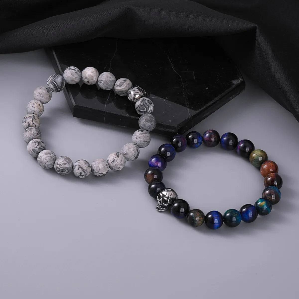 Casual Retro Skull Stainless Steel Agate Ore Beaded Unisex Bracelets