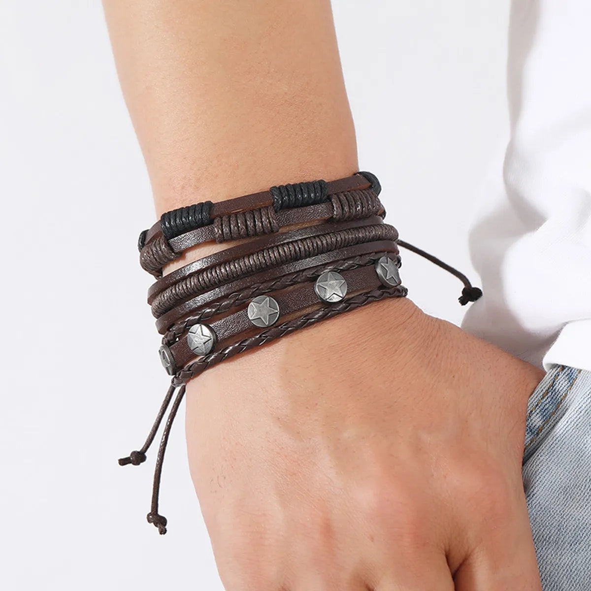 Casual Retro Star Pu Leather Alloy Wax Line Plating Braid Unisex Bracelets