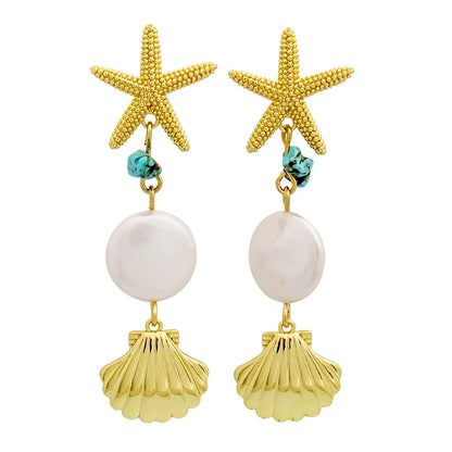 Casual Retro Starfish Shell Freshwater Pearl Copper Plating 18k Gold Plated Women'S Drop Earrings