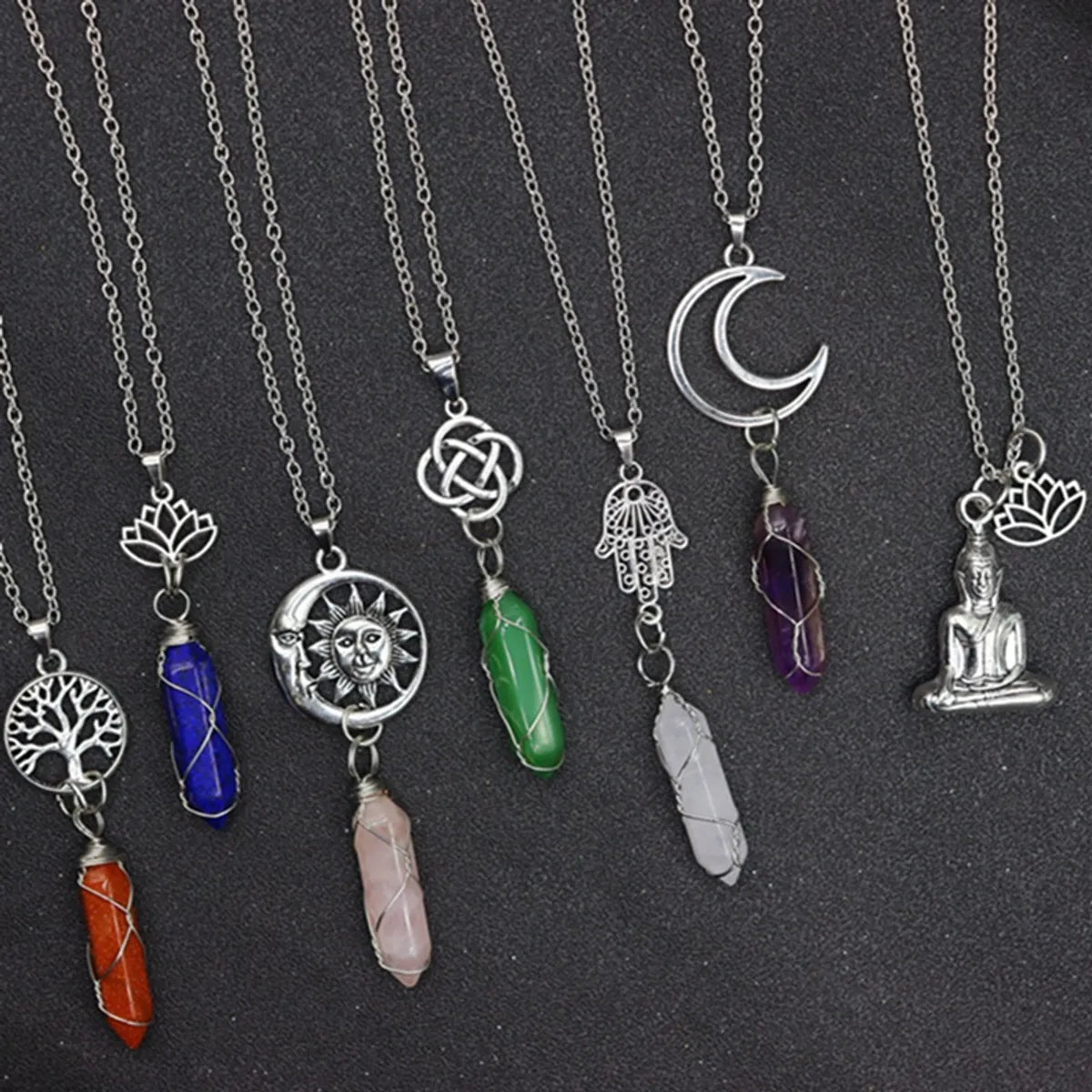 Casual Retro Sun Moon Tree Alloy Natural Stone Crystal Pendant Necklace In Bulk