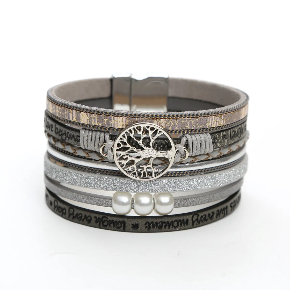 Casual Roman Style Tree Artificial Pearl Pu Leather Magnet Buckle Layered Women'S Wristband