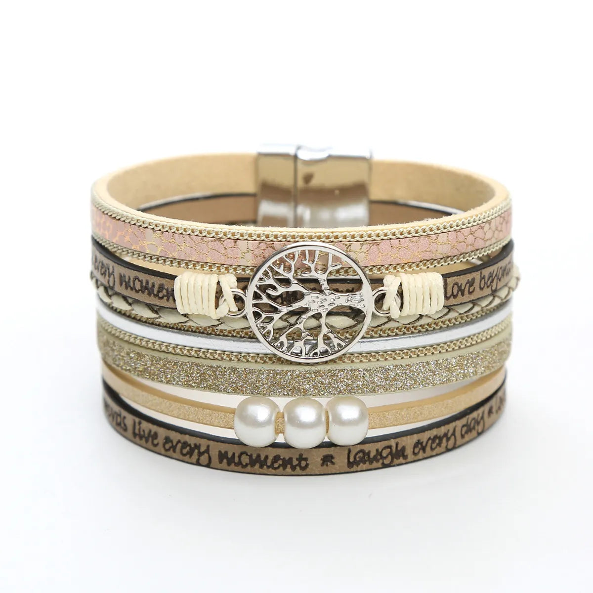 Casual Roman Style Tree Artificial Pearl Pu Leather Magnet Buckle Layered Women'S Wristband