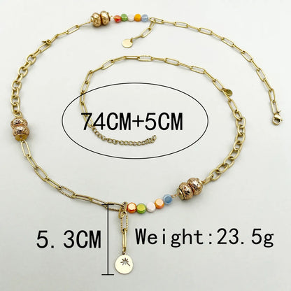 Casual Round Stainless Steel Beaded Polishing Plating Gold Plated Long Necklace Necklace