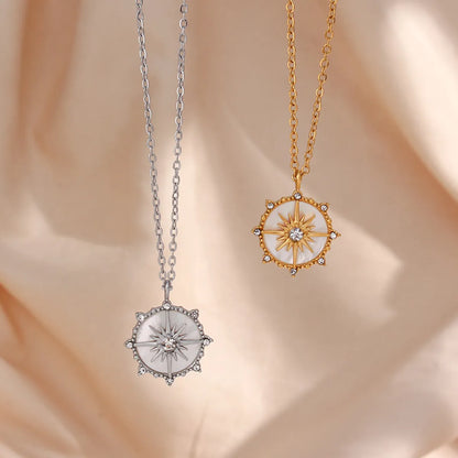 Casual Round Star Stainless Steel Necklace Inlay Shell Zircon Stainless Steel Necklaces