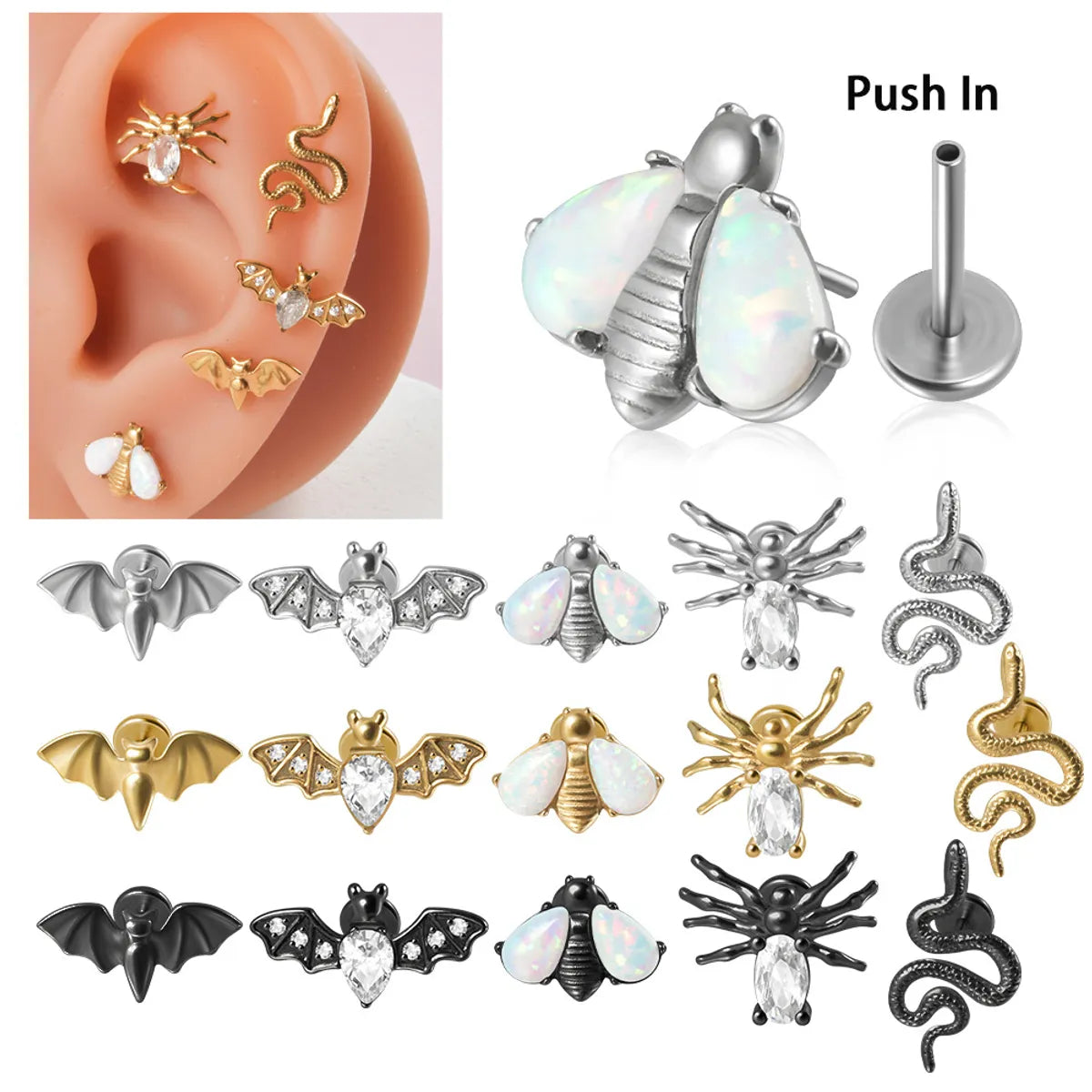 Casual Simple Style Animal Insect Stainless Steel Plating Inlay Artificial Gemstones Zircon Lip Stud Ear Studs