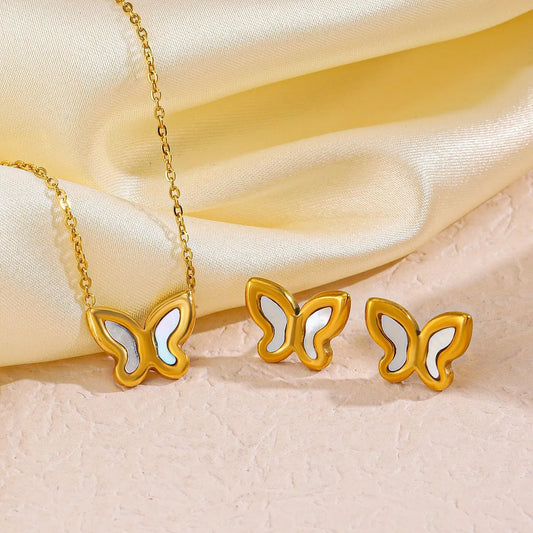 304 Stainless Steel 18K Gold Plated Casual Simple Style Plating Inlay Butterfly Shell Earrings Necklace