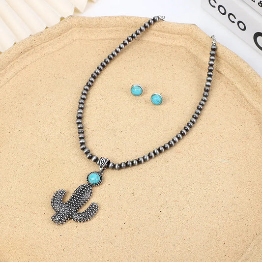 Casual Simple Style Cactus Alloy Turquoise Plating Men'S Earrings Necklace