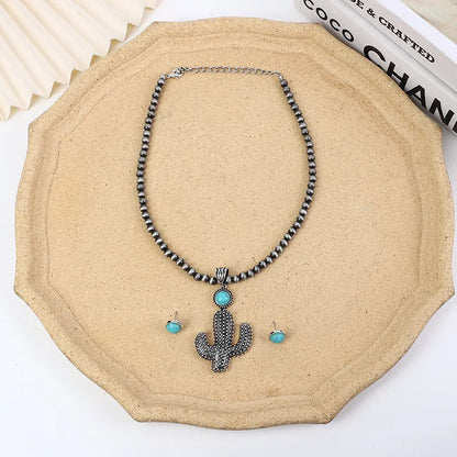 Casual Simple Style Cactus Alloy Turquoise Plating Men'S Earrings Necklace